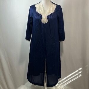 Vanity Fair Robe Lingerie Navy Blue Lace Trim Long‎ Sleeve Elegant USA Made